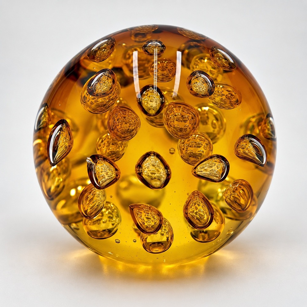 Vintage Amber Art Glass Paperweight 5" Murano Style Bullicante Controlled Bubble